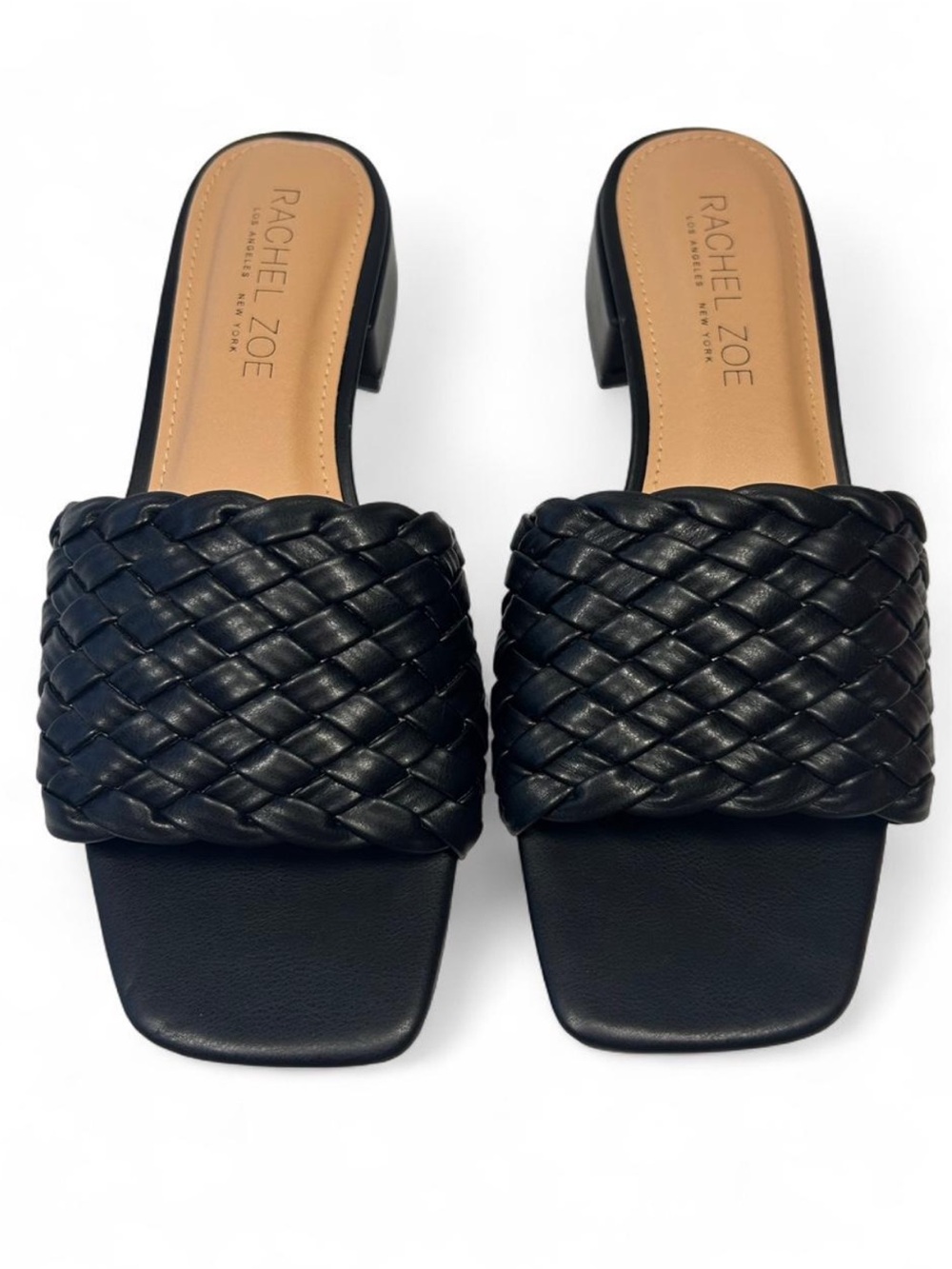Rachel Zoe Nerida Woven Slide Sandals, faux leather, block heel, square toe, 8